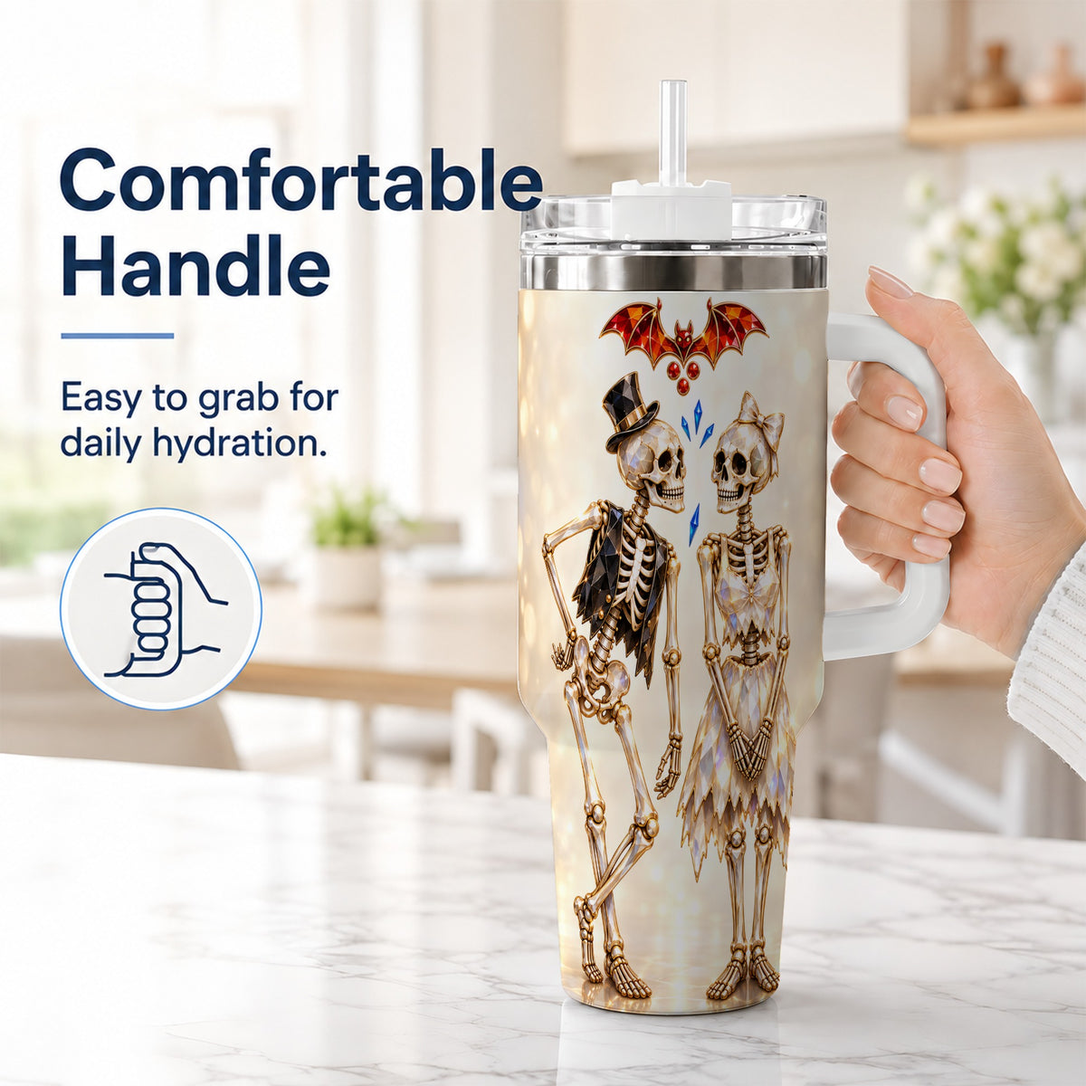#pl[40oz|White] Glowing Skeleton Couple 40oz Tumbler with Handle, Gothic Steel Travel Cup