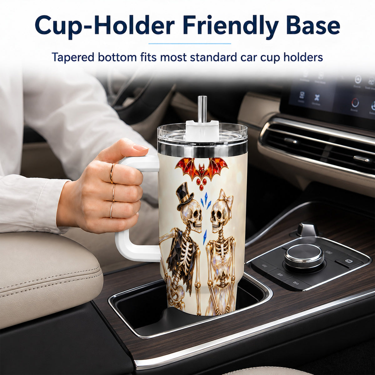 #pl[40oz|White] Glowing Skeleton Couple 40oz Tumbler with Handle, Gothic Steel Travel Cup
