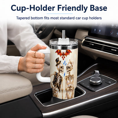 #pl[40oz|White] Glowing Skeleton Couple 40oz Tumbler with Handle, Gothic Steel Travel Cup