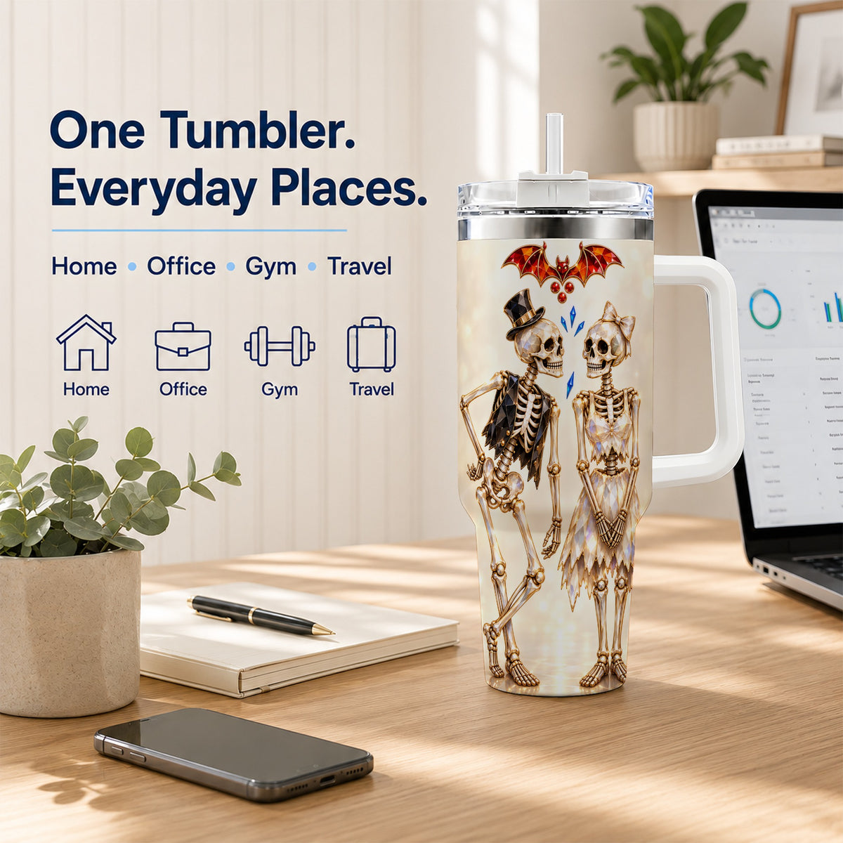 #pl[40oz|White] Glowing Skeleton Couple 40oz Tumbler with Handle, Gothic Steel Travel Cup