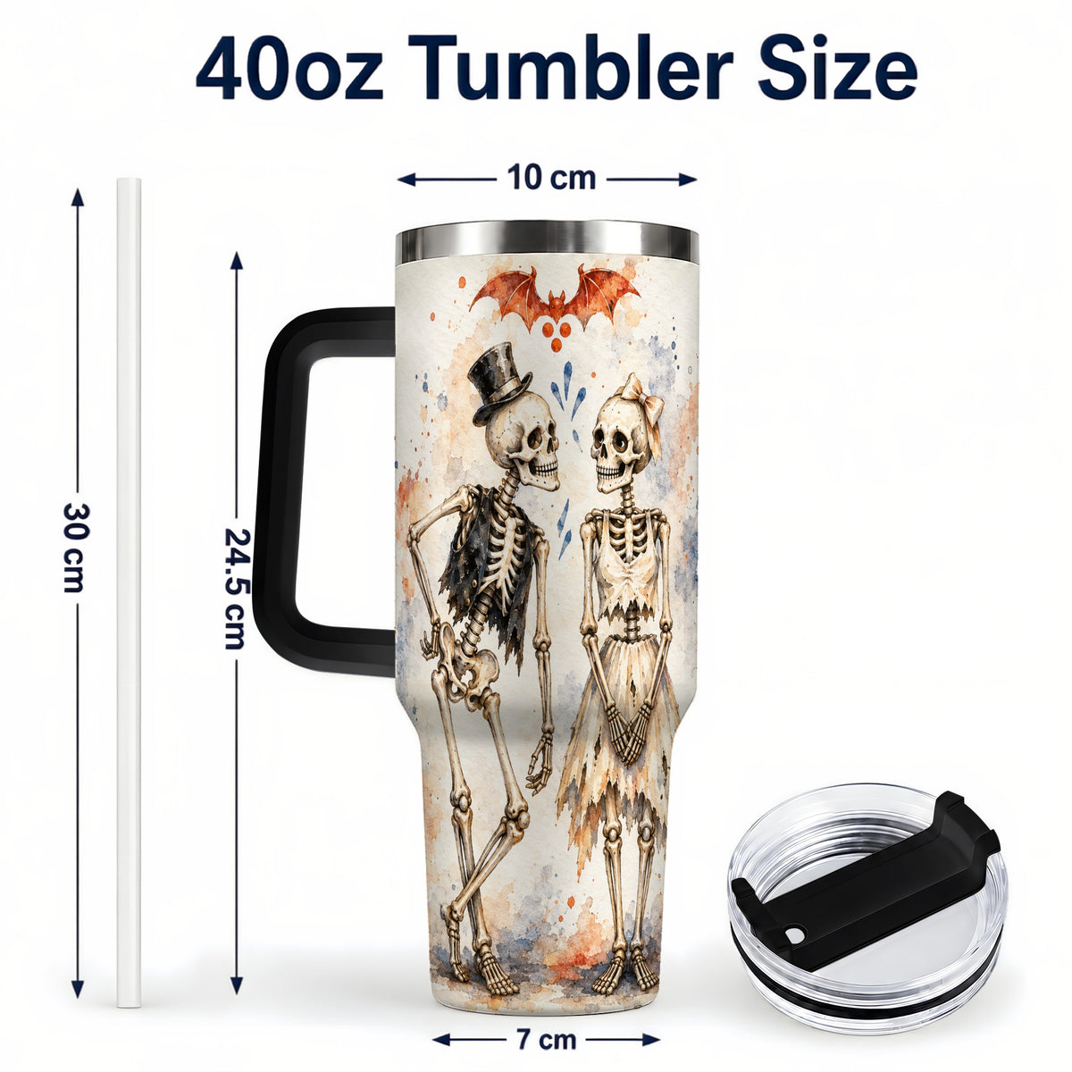 #pl[40oz|Black] Skeleton Couple 40oz Tumbler with Handle, Gothic Stainless Steel Cup