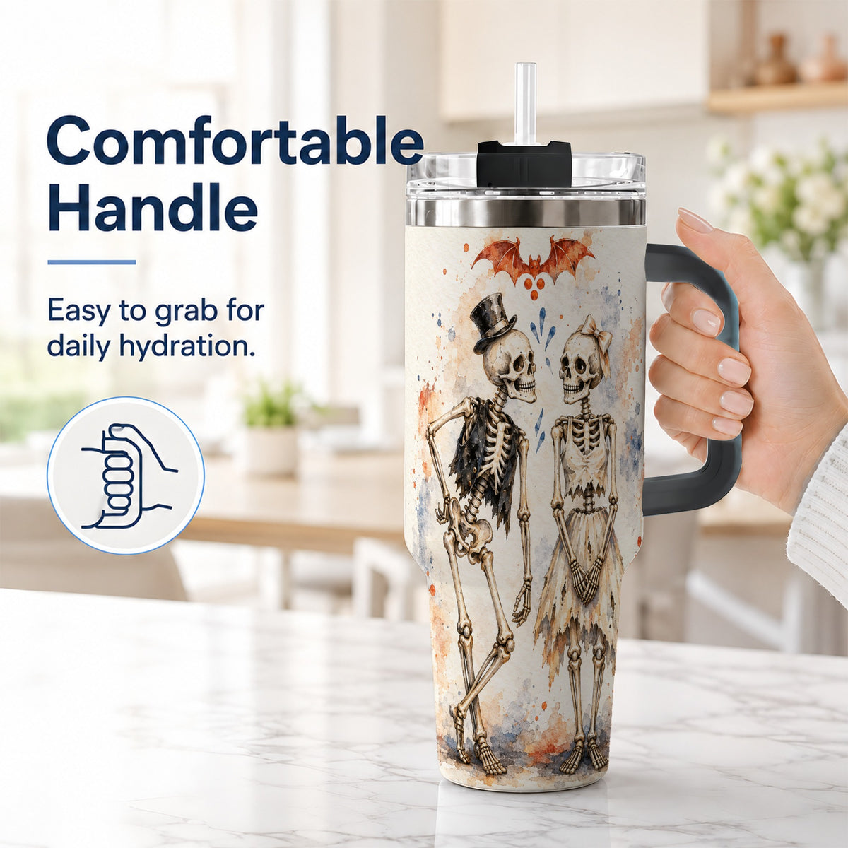 #pl[40oz|Black] Skeleton Couple 40oz Tumbler with Handle, Gothic Stainless Steel Cup