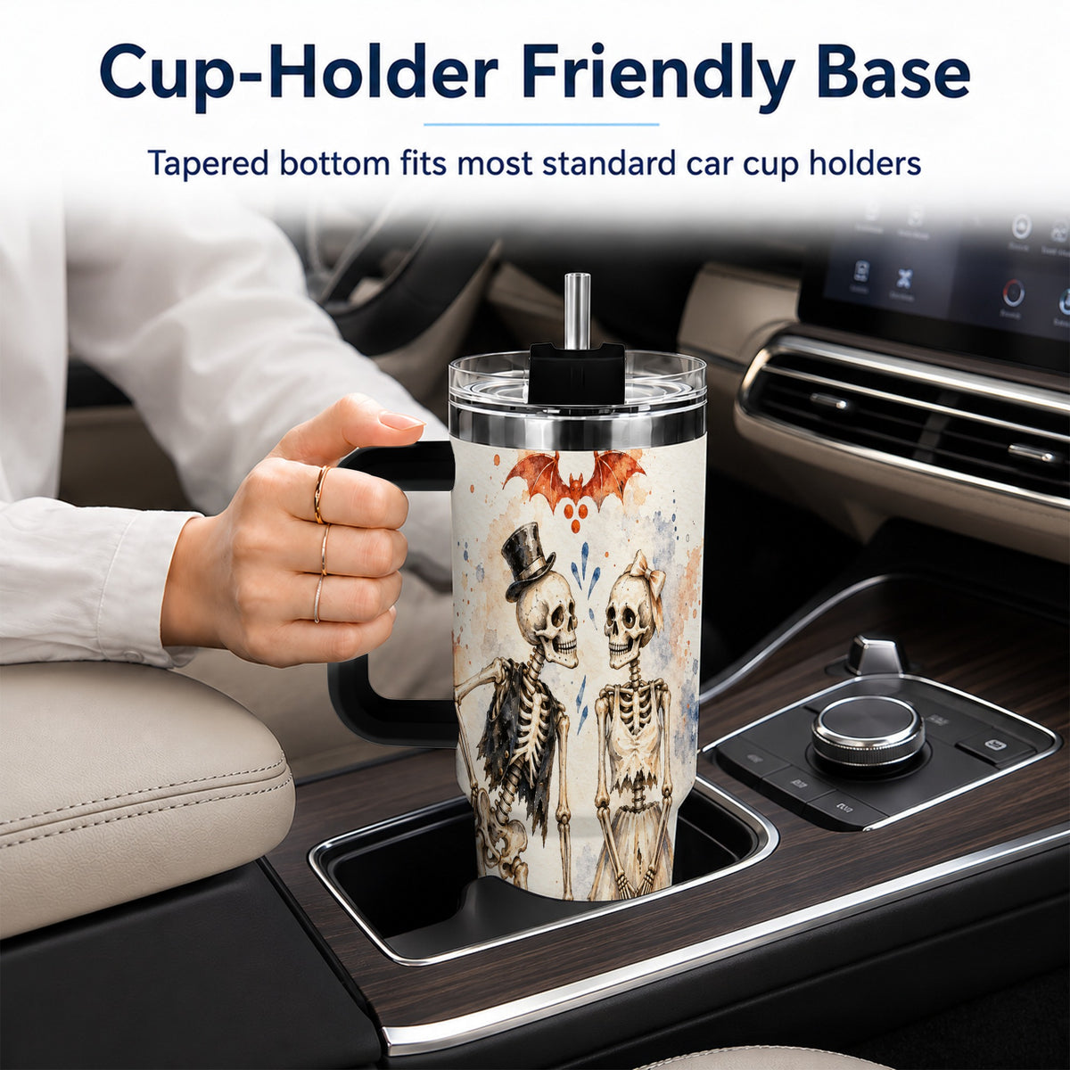 #pl[40oz|Black] Skeleton Couple 40oz Tumbler with Handle, Gothic Stainless Steel Cup