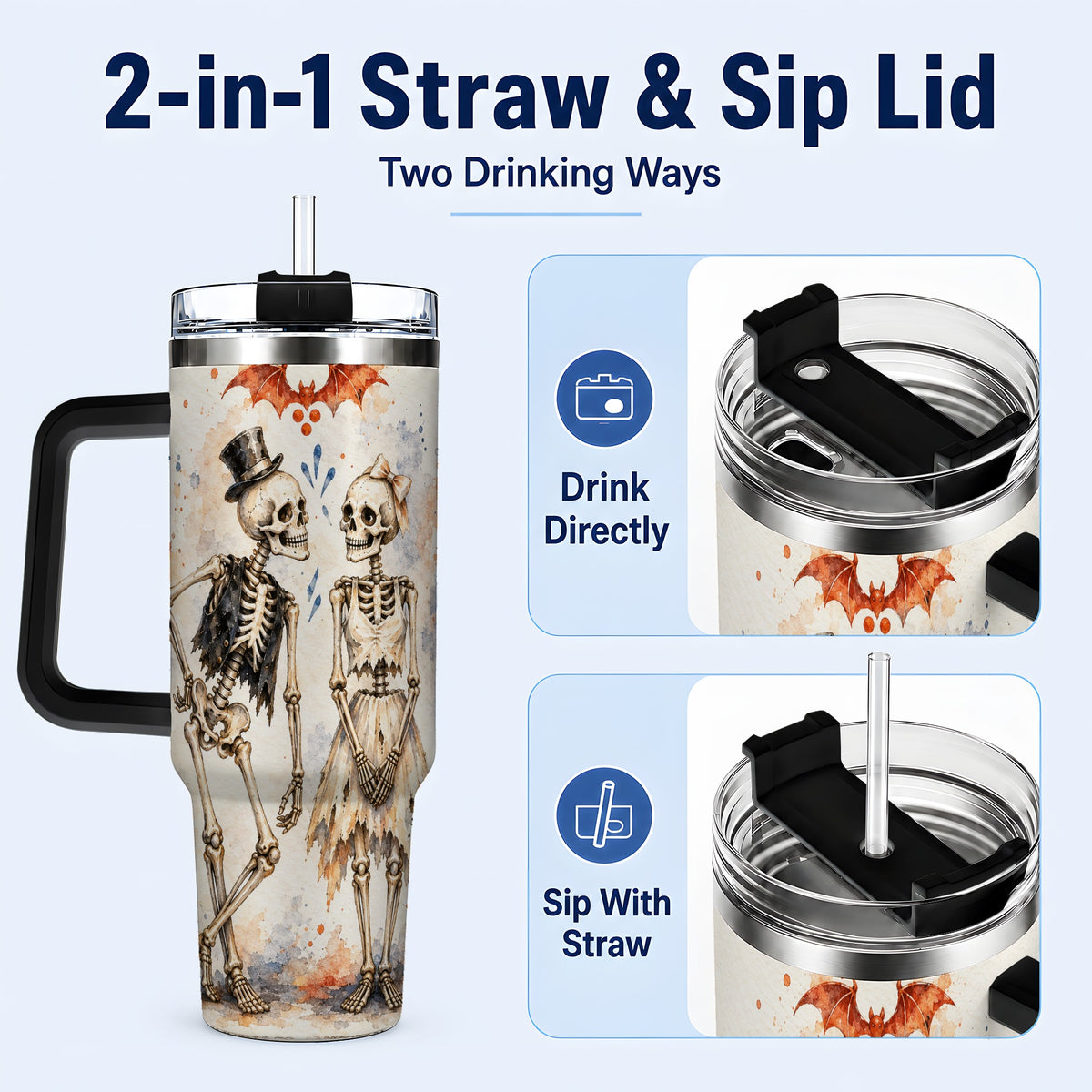 #pl[40oz|Black] Skeleton Couple 40oz Tumbler with Handle, Gothic Stainless Steel Cup