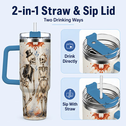 #pl[40oz|Blue] Skeleton Couple 40oz Tumbler with Handle, Gothic Stainless Steel Cup