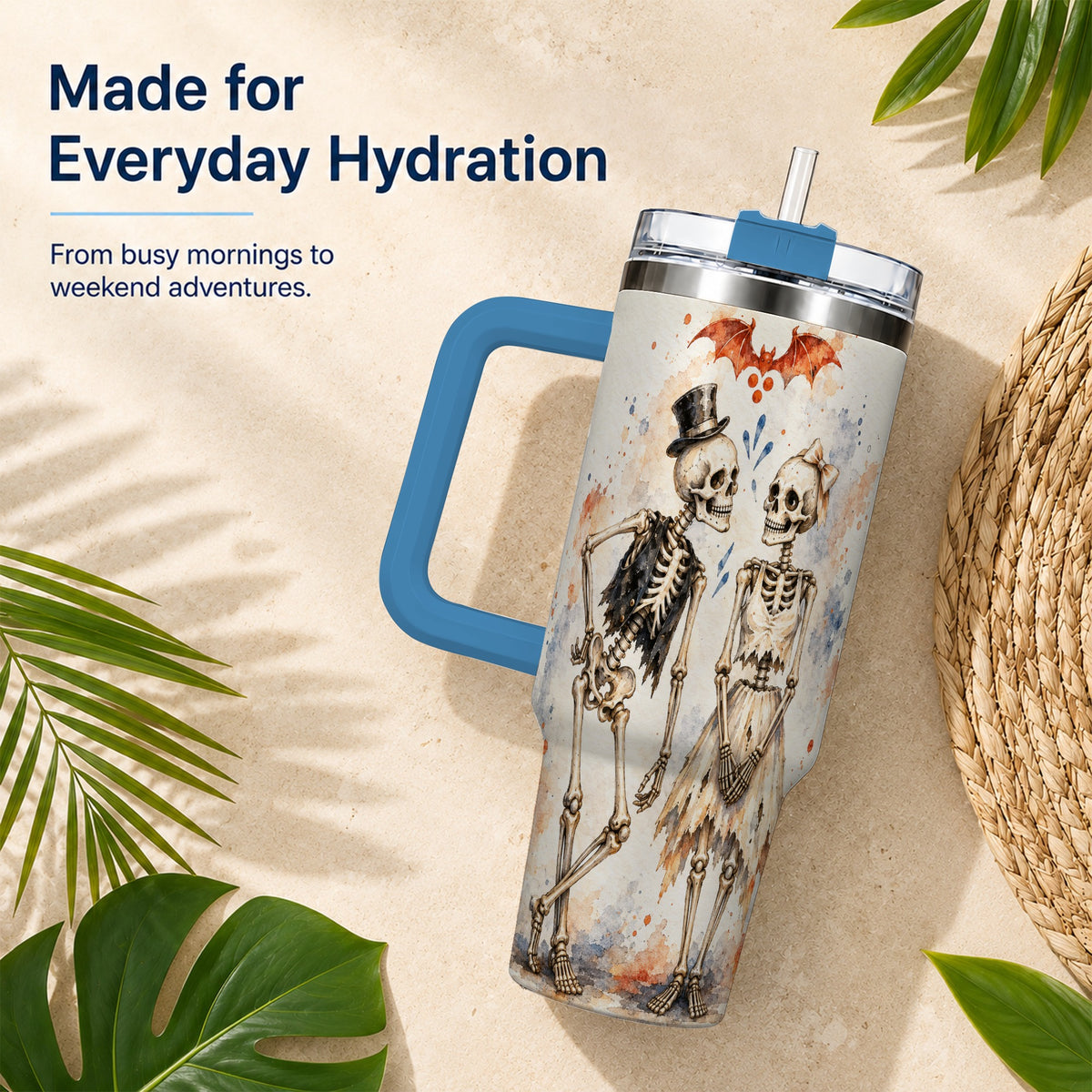 #pl[40oz|Blue] Skeleton Couple 40oz Tumbler with Handle, Gothic Stainless Steel Cup