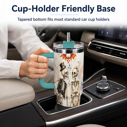 #pl[40oz|Green] Skeleton Couple 40oz Tumbler with Handle, Gothic Stainless Steel Cup