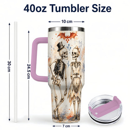 #pl[40oz|Pink] Skeleton Couple 40oz Tumbler with Handle, Gothic Stainless Steel Cup