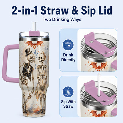 #pl[40oz|Pink] Skeleton Couple 40oz Tumbler with Handle, Gothic Stainless Steel Cup