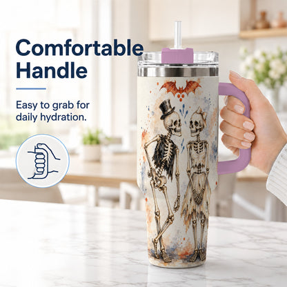 #pl[40oz|Pink] Skeleton Couple 40oz Tumbler with Handle, Gothic Stainless Steel Cup