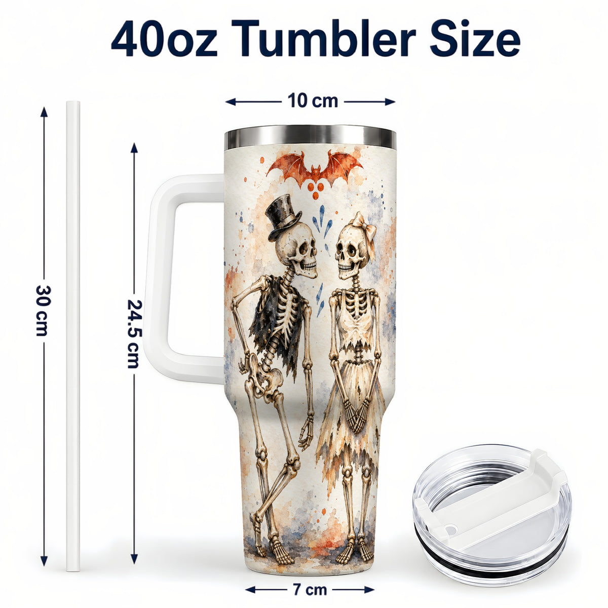 #pl[40oz|White] Skeleton Couple 40oz Tumbler with Handle, Gothic Stainless Steel Cup