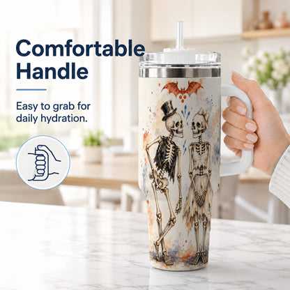 #pl[40oz|White] Skeleton Couple 40oz Tumbler with Handle, Gothic Stainless Steel Cup