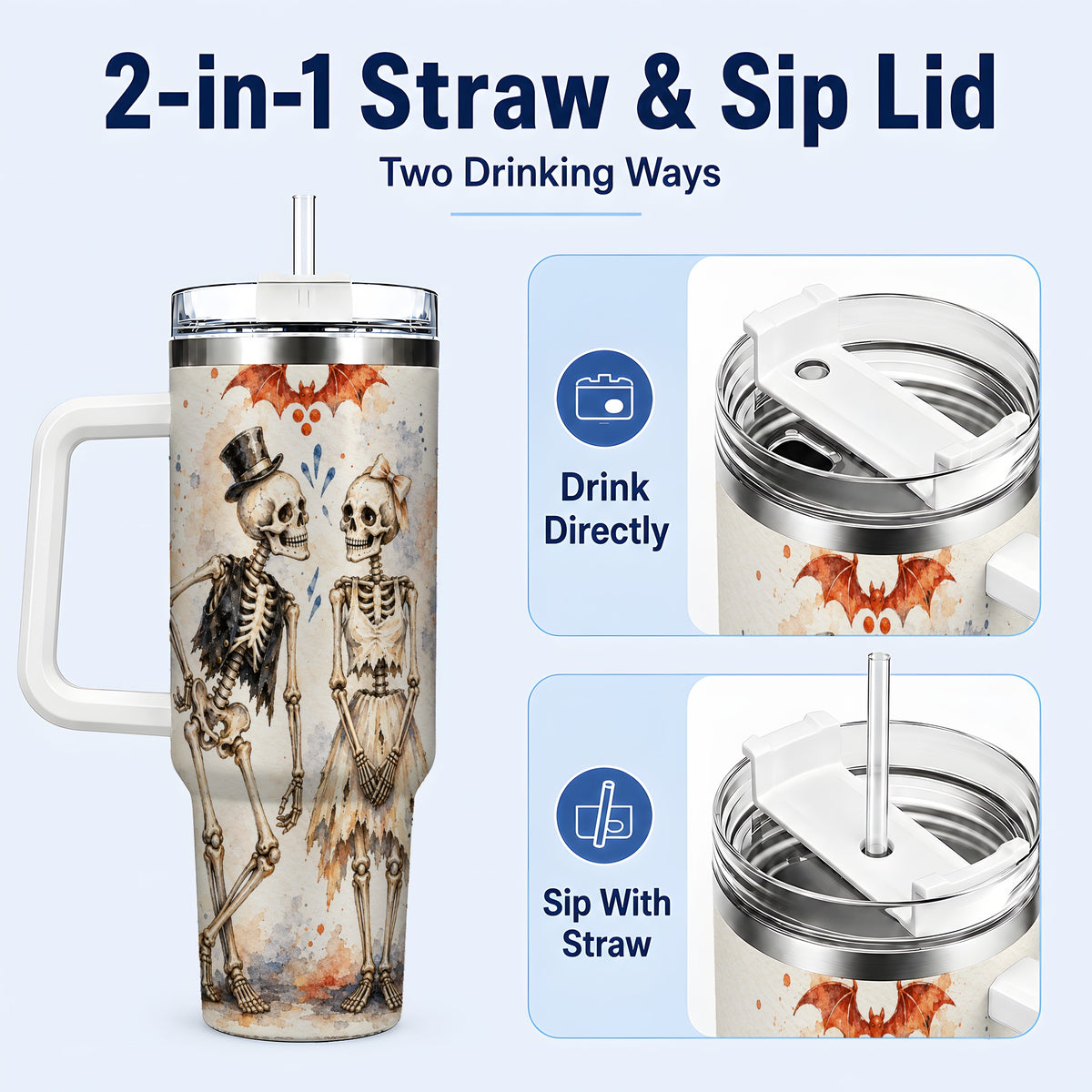 #pl[40oz|White] Skeleton Couple 40oz Tumbler with Handle, Gothic Stainless Steel Cup