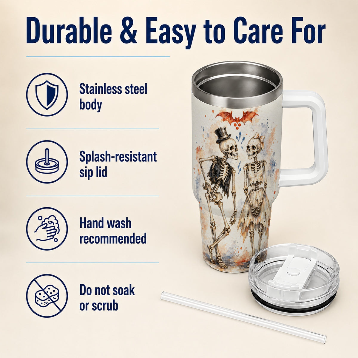 #pl[40oz|White] Skeleton Couple 40oz Tumbler with Handle, Gothic Stainless Steel Cup