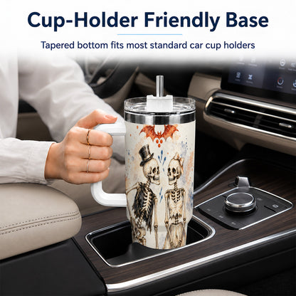 #pl[40oz|White] Skeleton Couple 40oz Tumbler with Handle, Gothic Stainless Steel Cup
