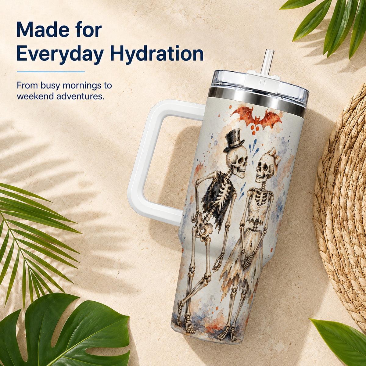 #pl[40oz|White] Skeleton Couple 40oz Tumbler with Handle, Gothic Stainless Steel Cup