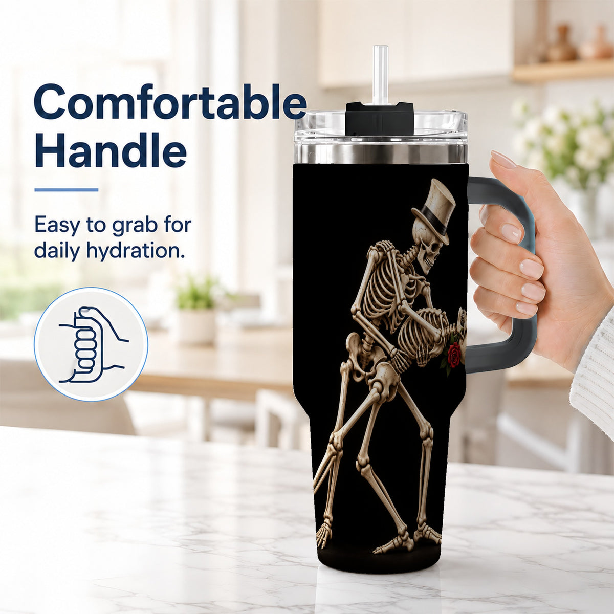 #pl[40oz|Black] Dancing Skeleton 40oz Tumbler with Handle, Gothic Stainless Steel Cup