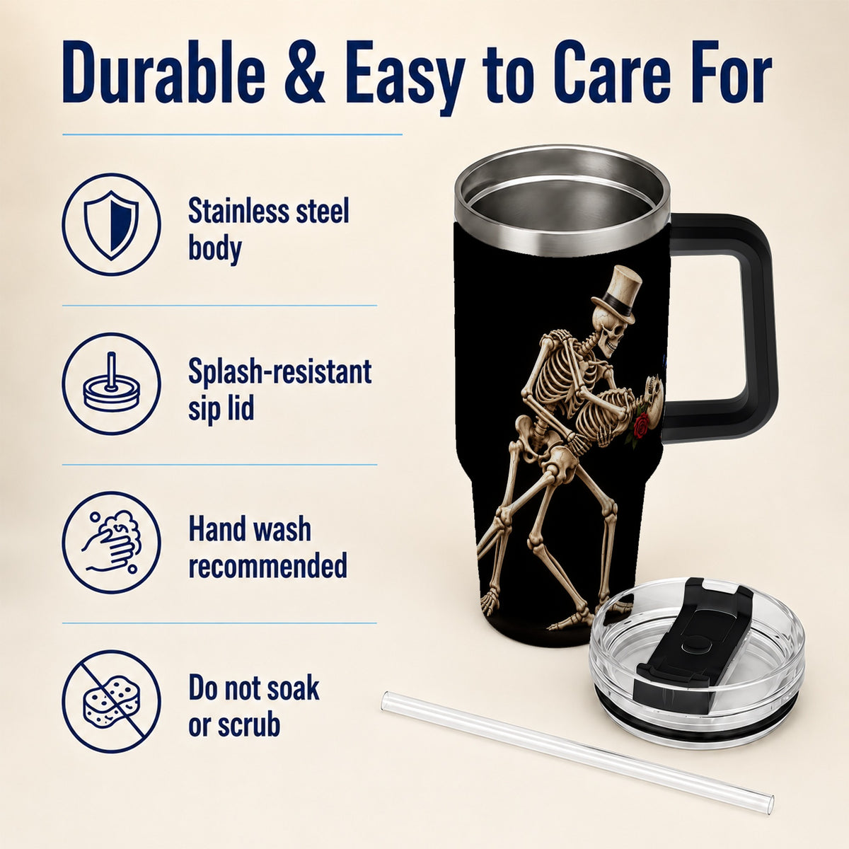 #pl[40oz|Black] Dancing Skeleton 40oz Tumbler with Handle, Gothic Stainless Steel Cup