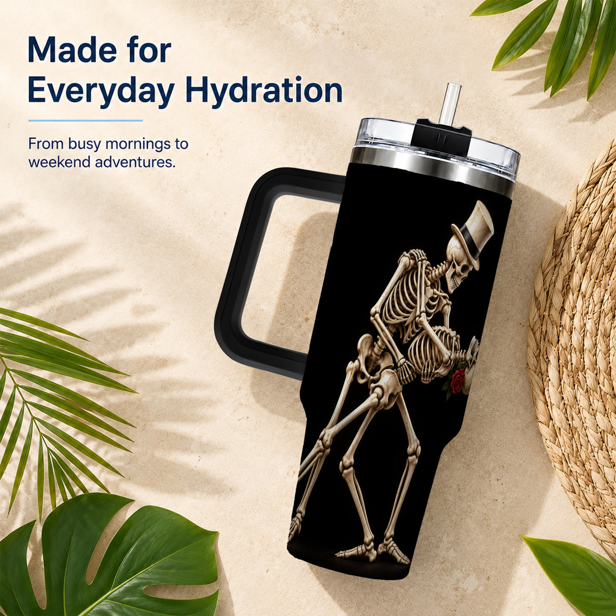 #pl[40oz|Black] Dancing Skeleton 40oz Tumbler with Handle, Gothic Stainless Steel Cup