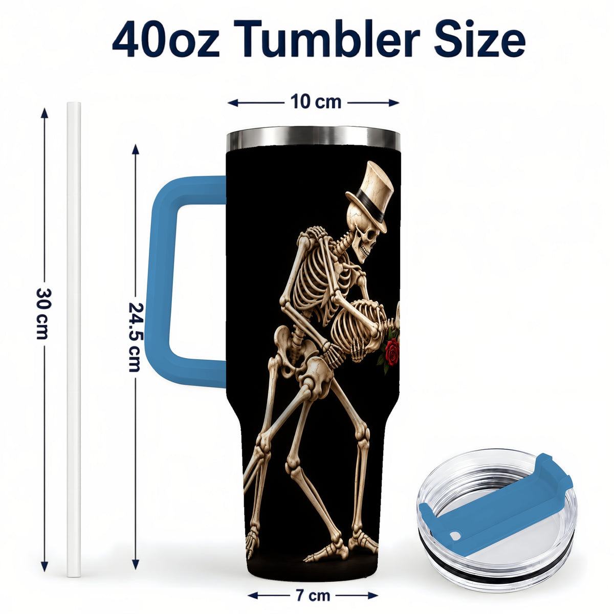 #pl[40oz|Blue] Dancing Skeleton 40oz Tumbler with Handle, Gothic Stainless Steel Cup