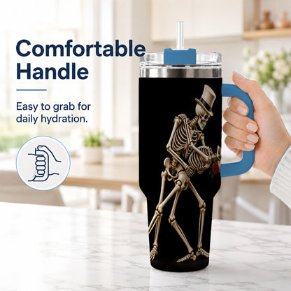 #pl[40oz|Blue] Dancing Skeleton 40oz Tumbler with Handle, Gothic Stainless Steel Cup