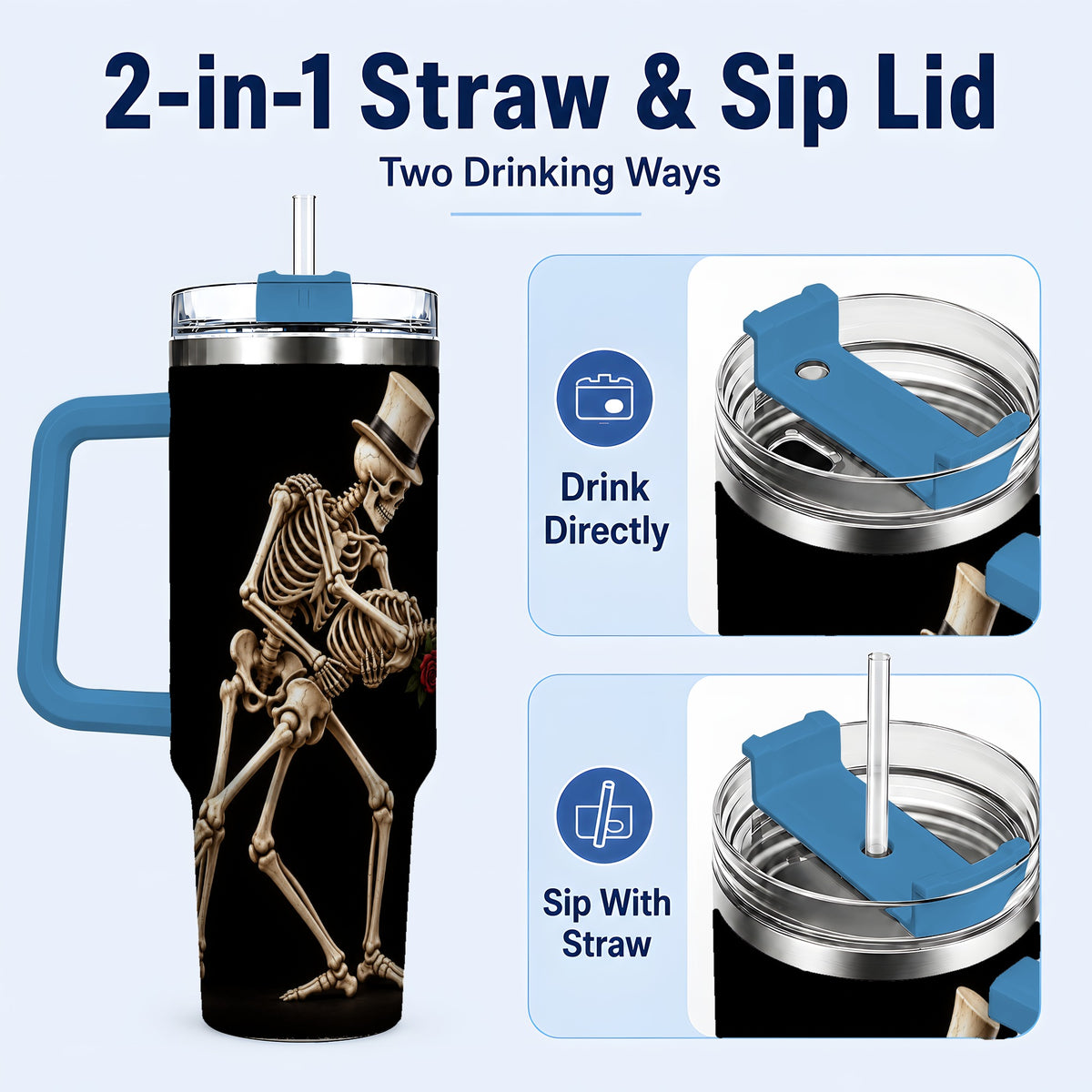 #pl[40oz|Blue] Dancing Skeleton 40oz Tumbler with Handle, Gothic Stainless Steel Cup