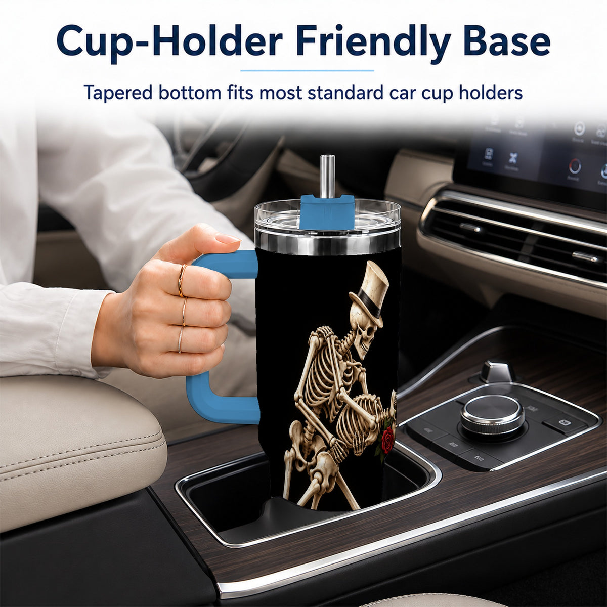 #pl[40oz|Blue] Dancing Skeleton 40oz Tumbler with Handle, Gothic Stainless Steel Cup
