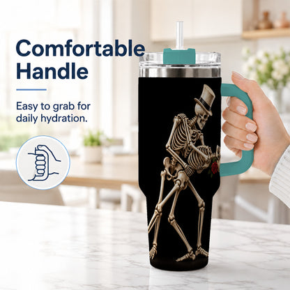 #pl[40oz|Green] Dancing Skeleton 40oz Tumbler with Handle, Gothic Stainless Steel Cup