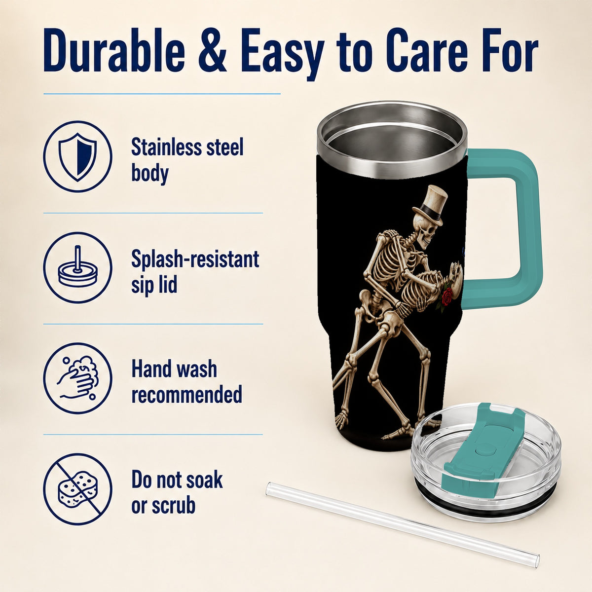 #pl[40oz|Green] Dancing Skeleton 40oz Tumbler with Handle, Gothic Stainless Steel Cup