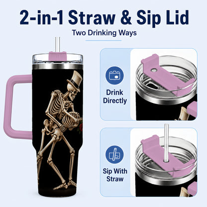 #pl[40oz|Pink] Dancing Skeleton 40oz Tumbler with Handle, Gothic Stainless Steel Cup