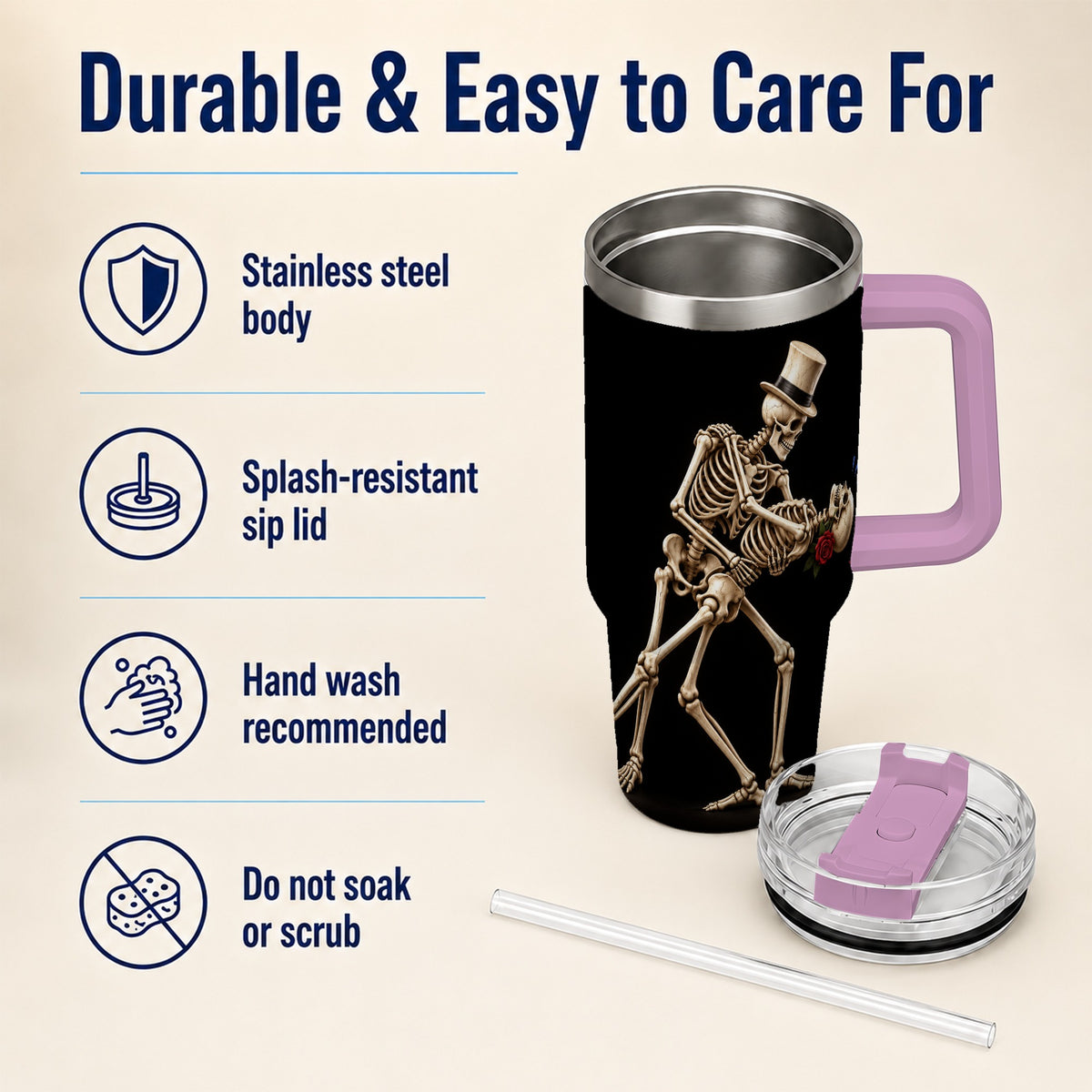 #pl[40oz|Pink] Dancing Skeleton 40oz Tumbler with Handle, Gothic Stainless Steel Cup