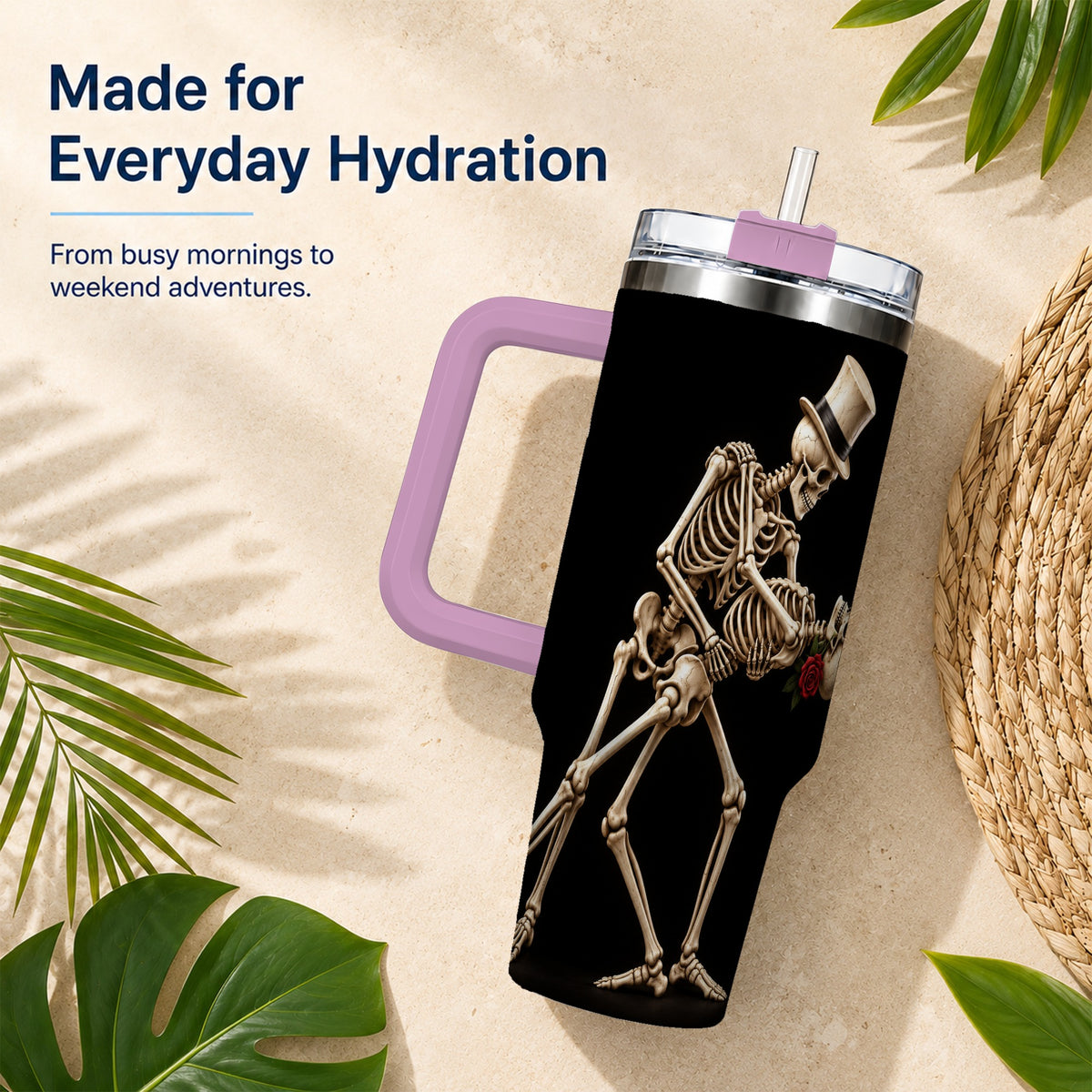 #pl[40oz|Pink] Dancing Skeleton 40oz Tumbler with Handle, Gothic Stainless Steel Cup