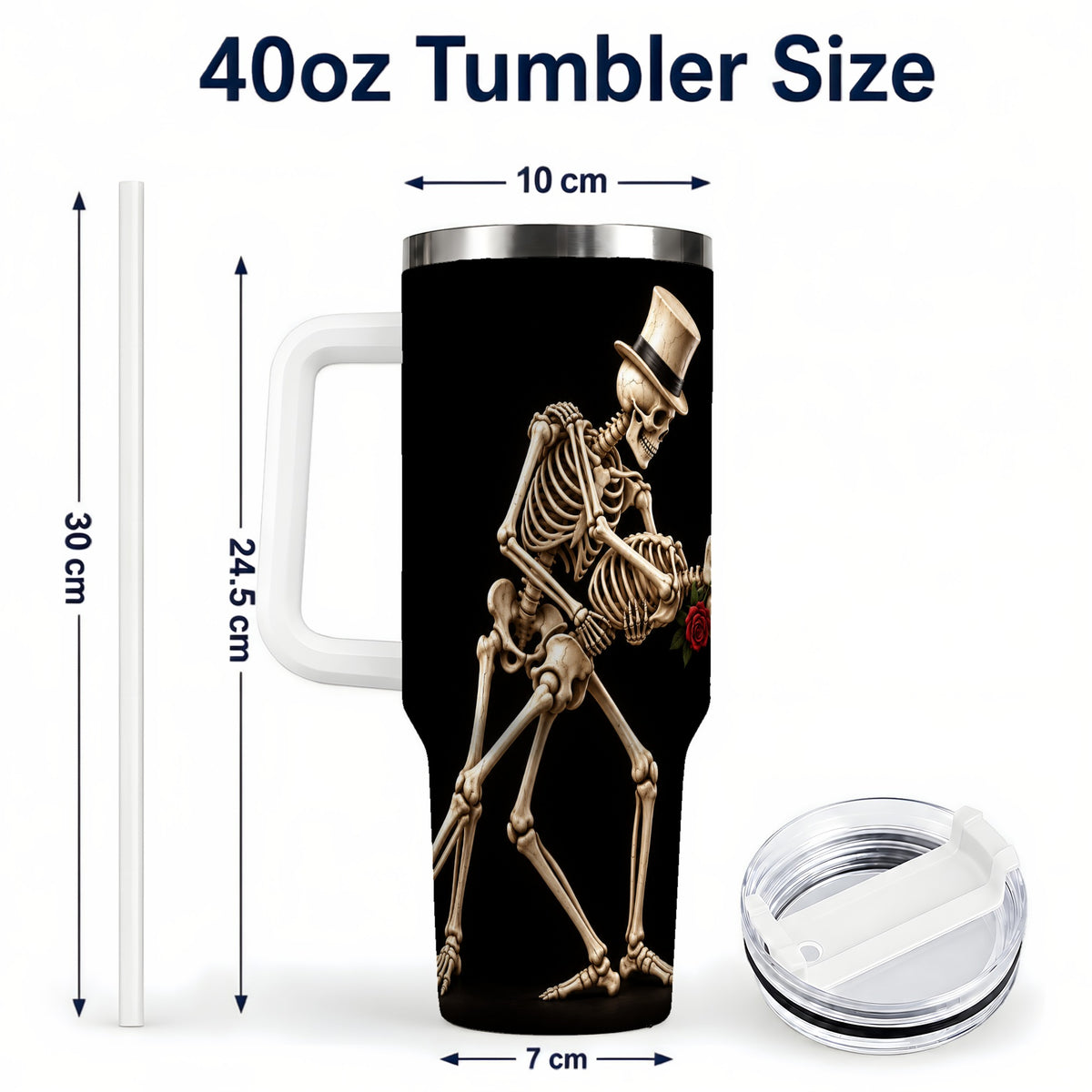 #pl[40oz|White] Dancing Skeleton 40oz Tumbler with Handle, Gothic Stainless Steel Cup