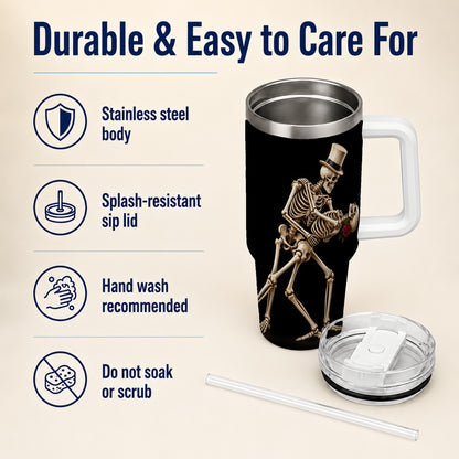 #pl[40oz|White] Dancing Skeleton 40oz Tumbler with Handle, Gothic Stainless Steel Cup