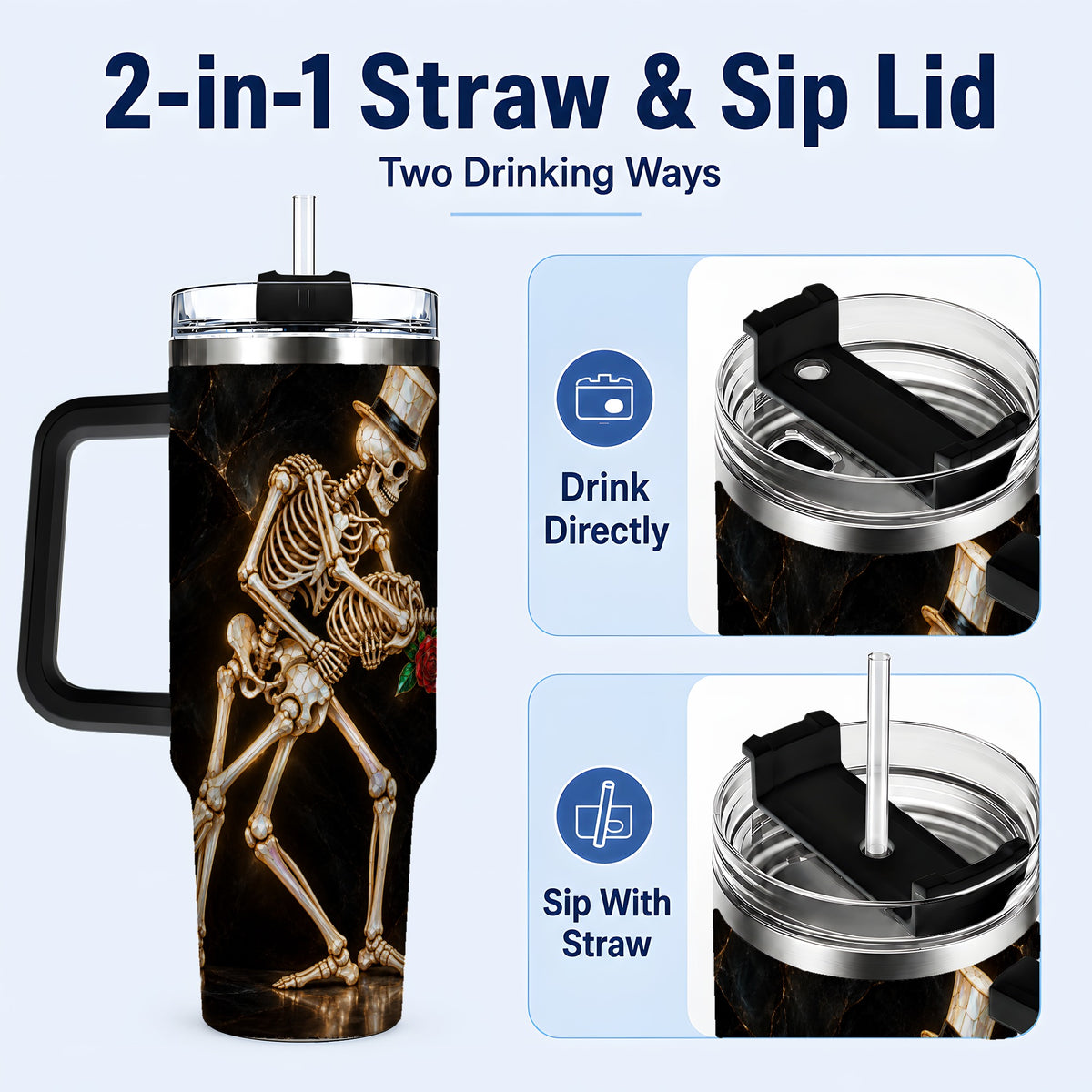#pl[40oz|Black] Skeleton Dance 40oz Tumbler with Handle, Gothic Stainless Steel Cup