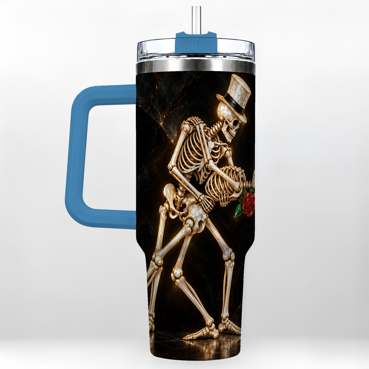#pl[40oz|Blue] Skeleton Dance 40oz Tumbler with Handle, Gothic Stainless Steel Cup