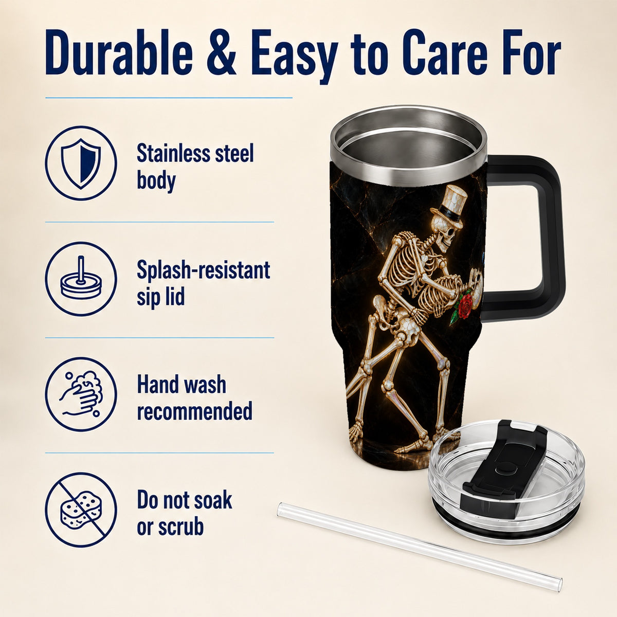 #pl[40oz|Black] Skeleton Dance 40oz Tumbler with Handle, Gothic Stainless Steel Cup