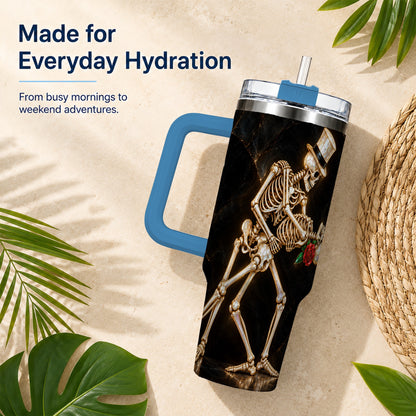 #pl[40oz|Blue] Skeleton Dance 40oz Tumbler with Handle, Gothic Stainless Steel Cup