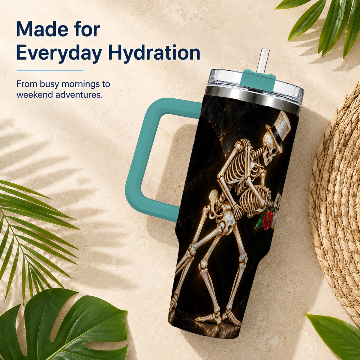 #pl[40oz|Green] Skeleton Dance 40oz Tumbler with Handle, Gothic Stainless Steel Cup
