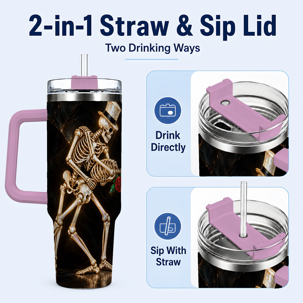 #pl[40oz|Pink] Skeleton Dance 40oz Tumbler with Handle, Gothic Stainless Steel Cup