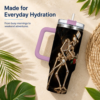 #pl[40oz|Pink] Skeleton Dance 40oz Tumbler with Handle, Gothic Stainless Steel Cup