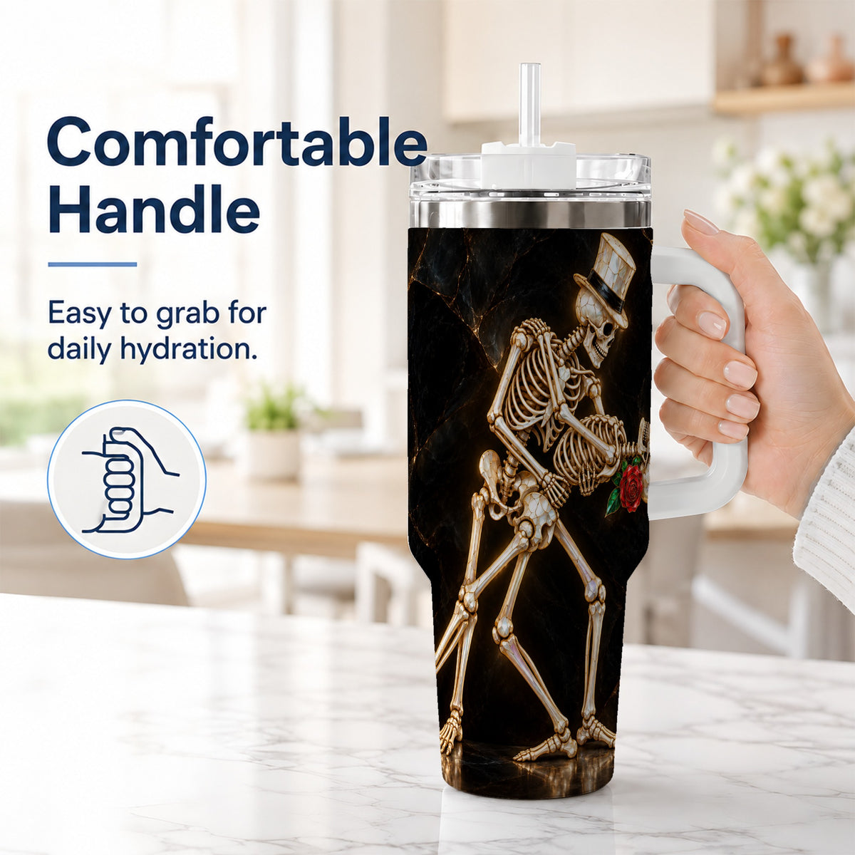 #pl[40oz|White] Skeleton Dance 40oz Tumbler with Handle, Gothic Stainless Steel Cup