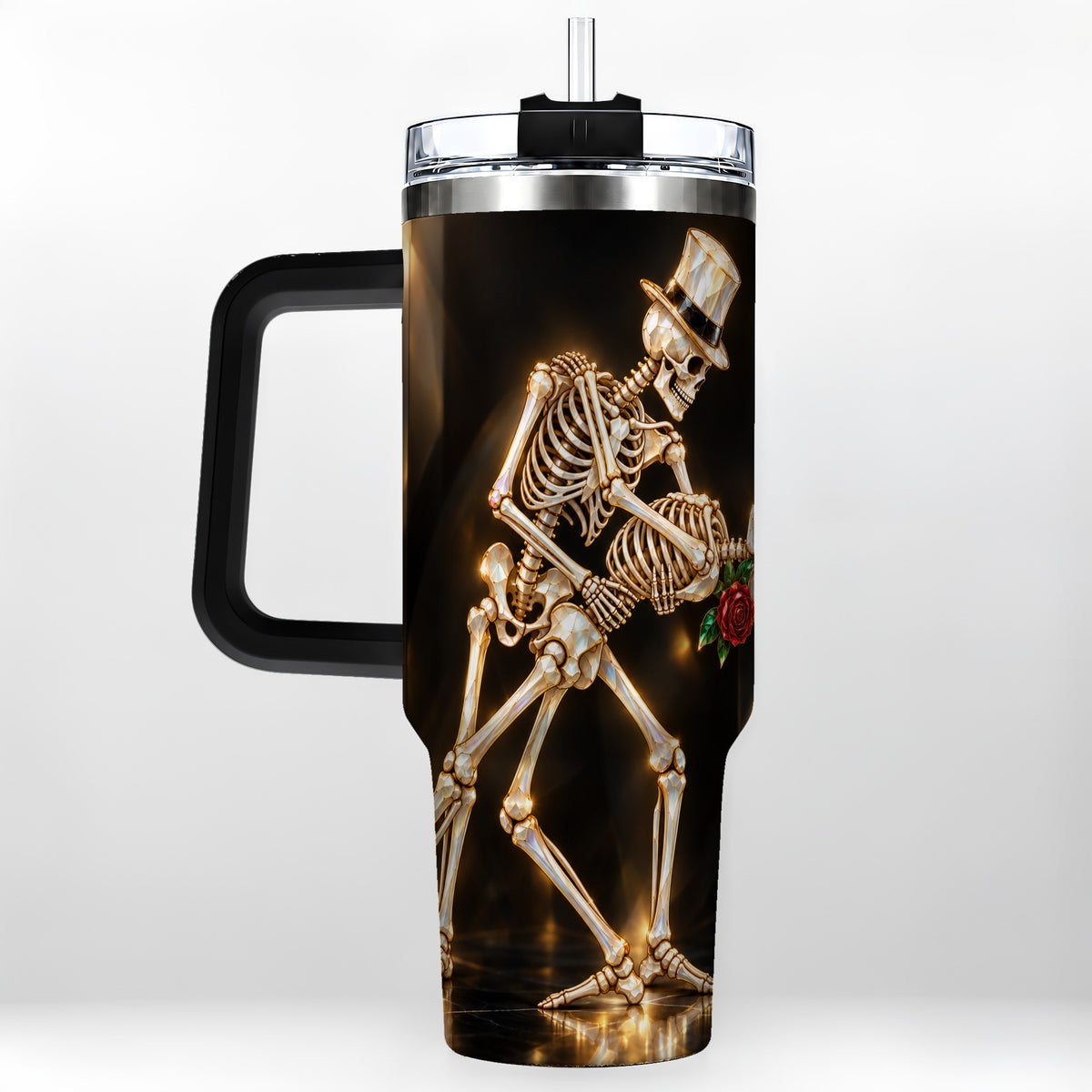 #pl[40oz|Black] Skeleton Dance 40oz Tumbler with Handle, Golden Gothic Stainless Steel Cup