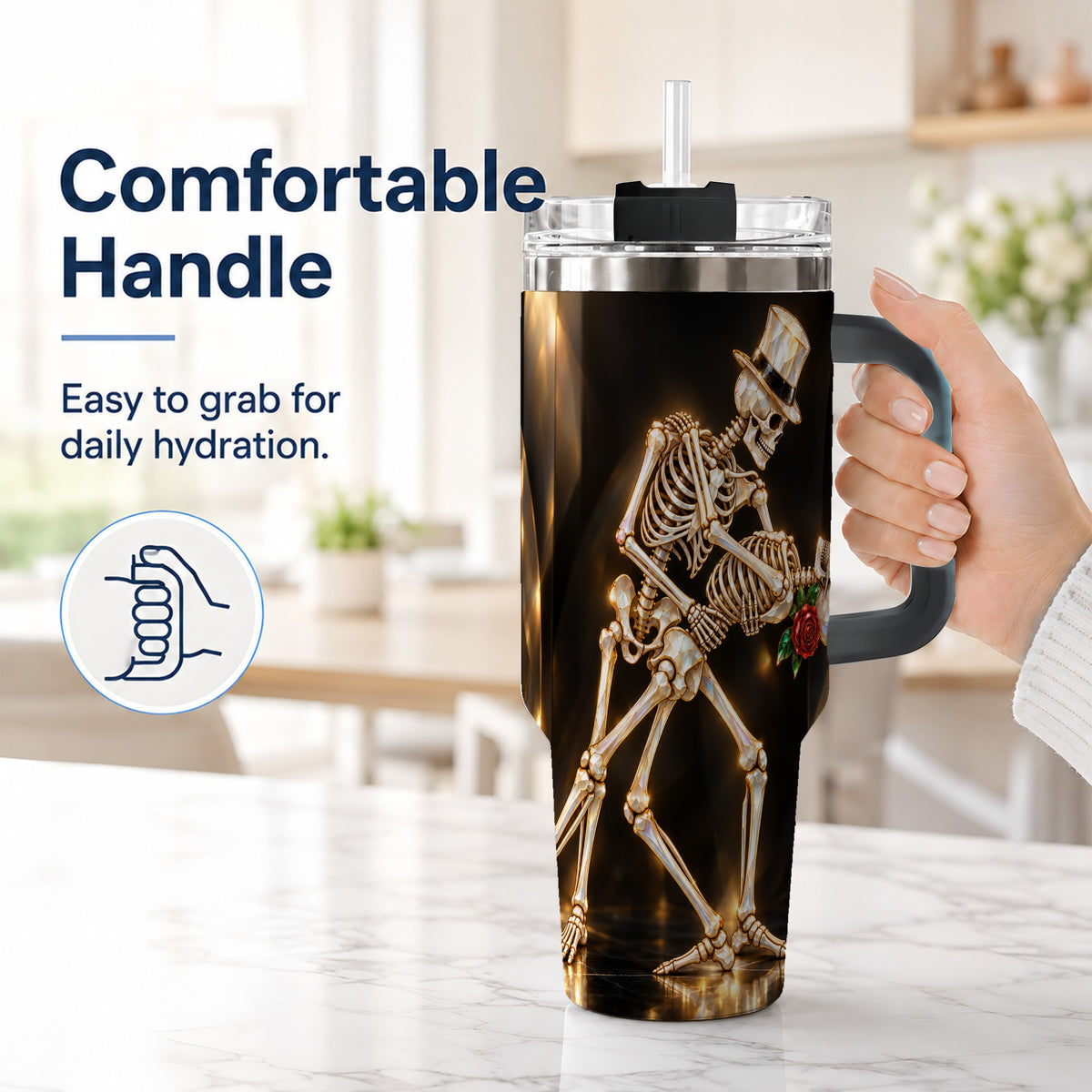 #pl[40oz|Black] Skeleton Dance 40oz Tumbler with Handle, Golden Gothic Stainless Steel Cup