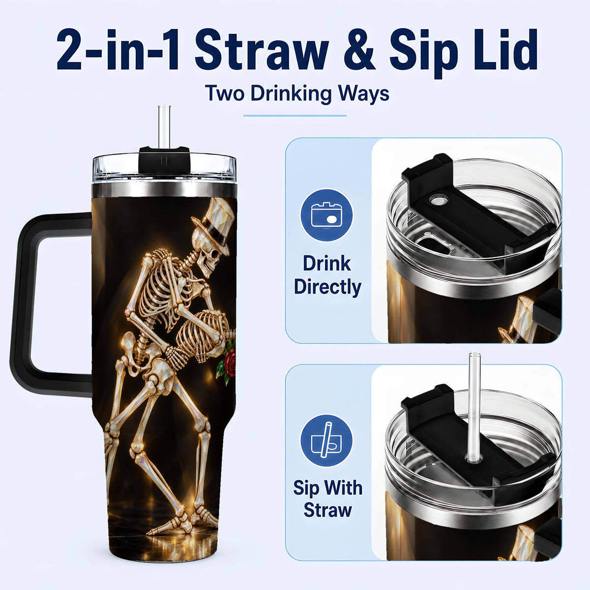 #pl[40oz|Black] Skeleton Dance 40oz Tumbler with Handle, Golden Gothic Stainless Steel Cup