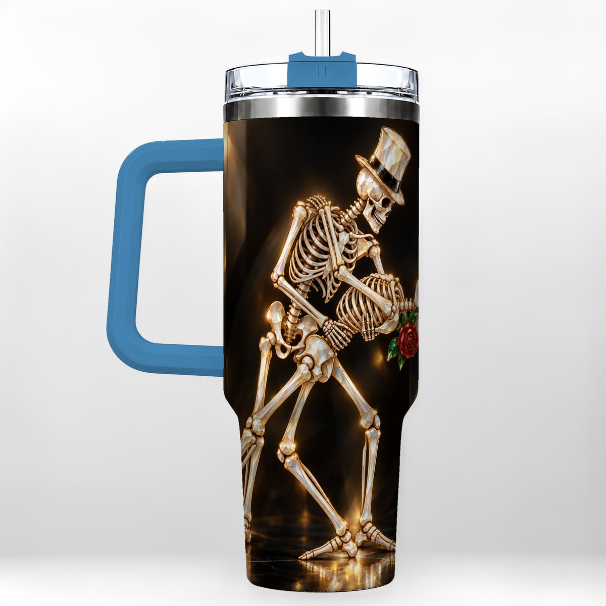 #pl[40oz|Blue] Skeleton Dance 40oz Tumbler with Handle, Golden Gothic Stainless Steel Cup