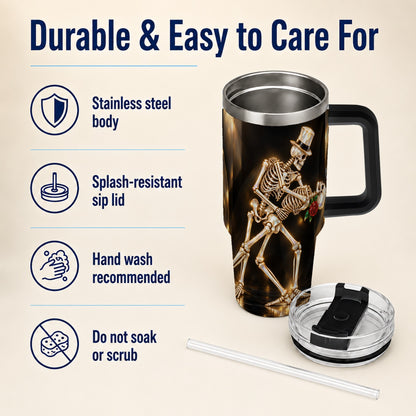 #pl[40oz|Black] Skeleton Dance 40oz Tumbler with Handle, Golden Gothic Stainless Steel Cup
