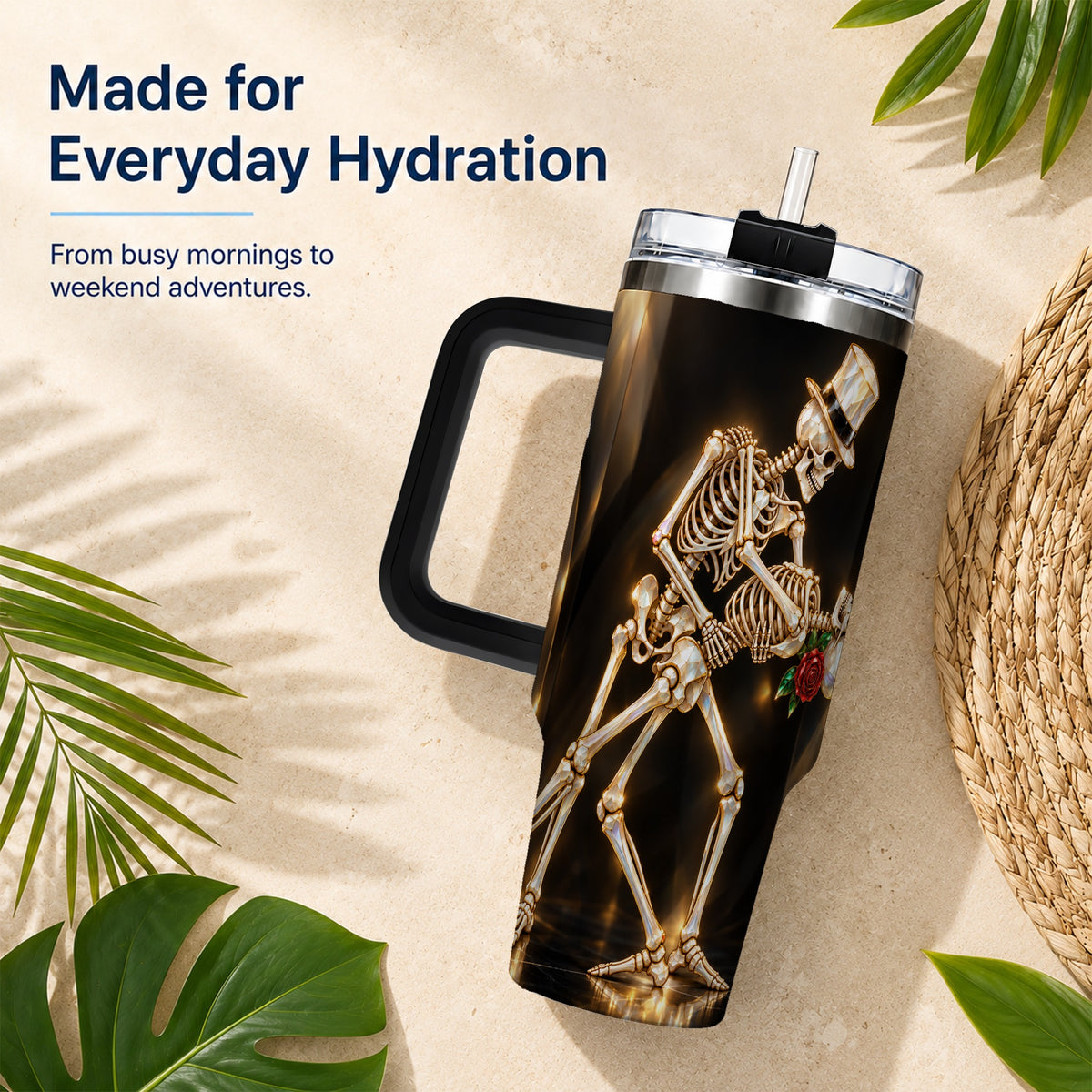 #pl[40oz|Black] Skeleton Dance 40oz Tumbler with Handle, Golden Gothic Stainless Steel Cup