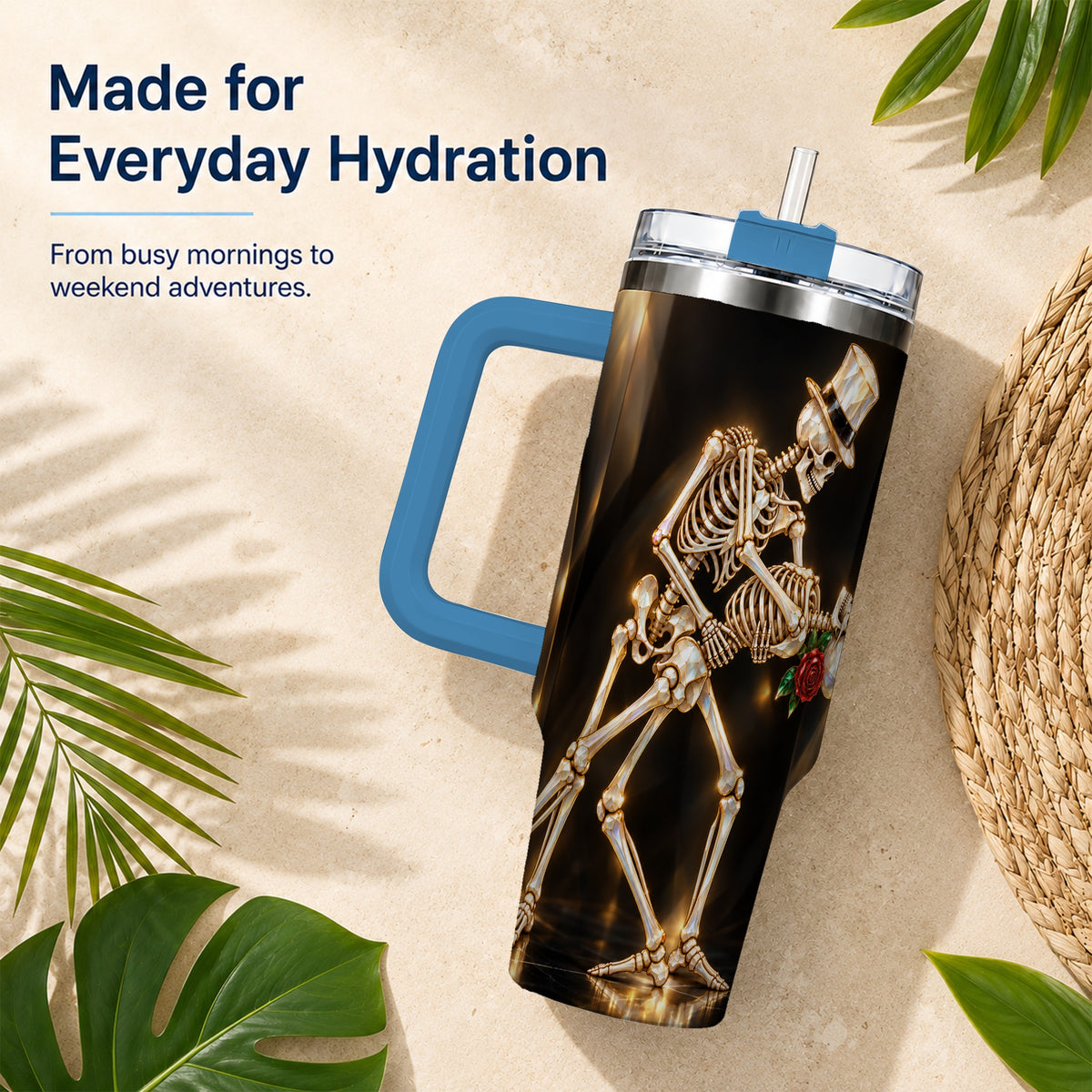 #pl[40oz|Blue] Skeleton Dance 40oz Tumbler with Handle, Golden Gothic Stainless Steel Cup