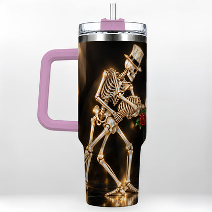 #pl[40oz|Pink] Skeleton Dance 40oz Tumbler with Handle, Golden Gothic Stainless Steel Cup
